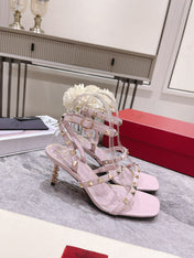 HIGH HEEL 6 CM SANDAL IN LIGHT PINK LAMBSKIN WITH STUDS