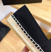 PRADA 26S EMBROIDERED LOGO ESPADRILLE FLATS IN BLACK CANVAS