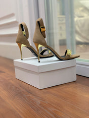 BALMAIN 25S METAL STRAP HIGH HEELS 95MM IN LIGHT BROWN SUEDE GOLD HARDWARE
