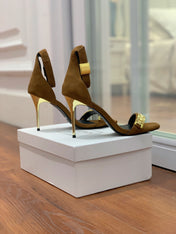 BALMAIN 25S METAL STRAP HIGH HEELS 95MM IN BROWN SUEDE GOLD HARDWARE