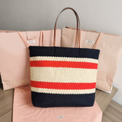 TOTE BAG 40 IN STRIPED PATTERN OF NAVY BLUE RED AND CREAM WHITE WOVEN RAFFIA
