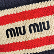 TOTE BAG 40 IN STRIPED PATTERN OF NAVY BLUE RED AND CREAM WHITE WOVEN RAFFIA