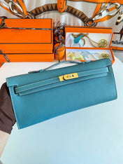 KELLY CUT 31 IN AZURE BLUE CALFSKIN WITH GOLD HARDWARE