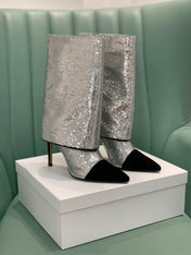 BALMAIN 26S BOOTS 105 MM IN SILVER GLITTER AND BLACK SUEDE