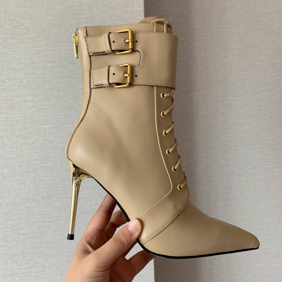 BALMAIN 26S LACE-UP ANKLE BOOTS 105 MM IN BEIGE CALFSKIN