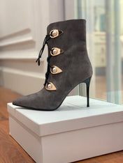 BALMAIN 26S BOOT 95 MM IN CHARCOAL GREY SUEDE PEARL BUTTON