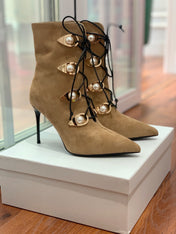 BALMAIN 26S BOOT 95 MM IN LIGHT BROWN SUEDE PEARL BUTTON