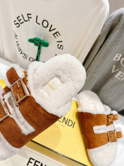 FENDI DAD SANDAL MULE IN BRONZE BROWN SUEDE WITH WHITE FLEECE