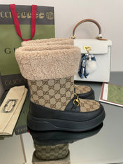 HORSEBIT SNOW ANKLE BOOTS IN ECRU BEIGE MONOGRAM JACQUARD FABRIC MIX BLACK CALFSKIN AND LAMB WOOL LINING