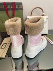 HORSEBIT ANKLE BOOTS WITH MERINO TRIM IN LIGHT PINK NYLON MIX WHITE CALFSKIN