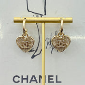 CHANEL 26S DOUBLE C LOGO FULL PAVE CRYSTAL HEART CHARM HOOP EARRINGS IN GOLD METAL 633110