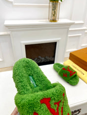 LV FLAT SLIPPER IN LAWN GREEN MIX CHERRY RED SHEARLING