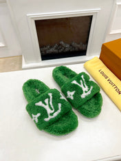 LV FLAT SLIPPER IN EMERALD GREEN MIX WHITE SHEARLING