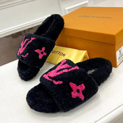 LV FLAT SLIPPER IN BLACK MIX BRIGHT PINK SHEARLING