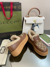 GG LOAFER IN PEANUT BROWN JACQUARD AND CHOCOLATE BROWN CALFSKIN WITH BEIGE WOOL LINING