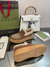 GG LOAFER IN PEANUT BROWN JACQUARD AND CHOCOLATE BROWN CALFSKIN WITH BEIGE WOOL LINING