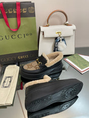 GG LOAFER IN PEANUT BROWN JACQUARD AND BLACK CALFSKIN WITH BEIGE WOOL LINING