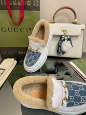 GG LOAFER IN BLUE JACQUARD MIX WHITE CALFSKIN WITH BEIGE WOOL LINING