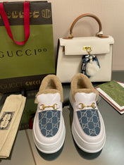 GG LOAFER IN BLUE JACQUARD MIX WHITE CALFSKIN WITH BEIGE WOOL LINING
