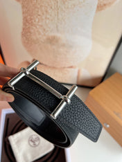HM H D'ANCRE BELT BUCKLE & REVERSIBLE BLACK LEATHER STRAP 38 MM SILVER HARDWARE