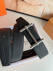 HM H D'ANCRE BELT BUCKLE & REVERSIBLE BLACK LEATHER STRAP 38 MM SILVER HARDWARE