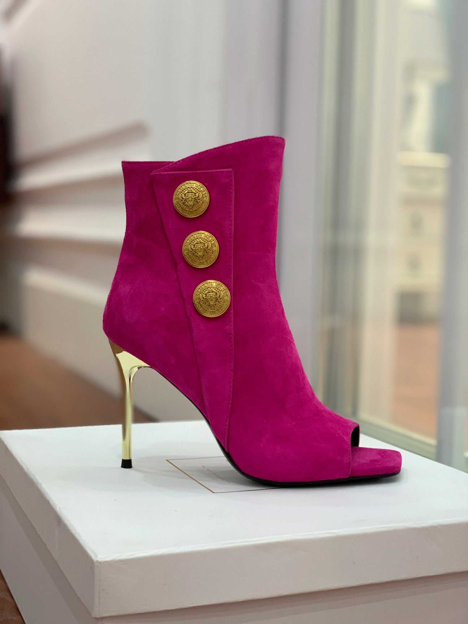 BALMAIN 26S OPEN-TOE BOOTS 95 MM IN DARK PINK SUEDE