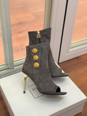 BALMAIN 26S OPEN-TOE BOOTS 95 MM IN GRAYISH BROWN SUEDE