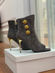 BALMAIN 26S OPEN-TOE BOOTS 95 MM IN GRAYISH BROWN SUEDE