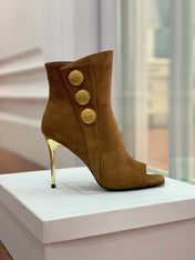 BALMAIN 26S OPEN-TOE BOOTS 95 MM IN BROWN SUEDE