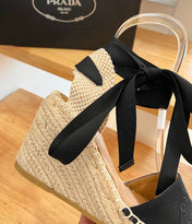 PRADA 26S ESPADRILLE HIGH HEEL SANDALS IN BLACK CANVAS WITH LOGO