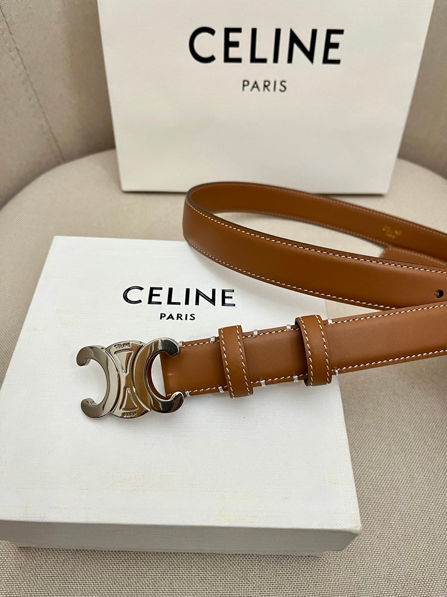 CELINE 25S TRIOMPHE 25MM BELT IN CARAMEL CALFSKIN SILVER HARDWARE