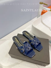 SL TRIBUTE SLIPPERS GLOSSY NAVY CALFSKIN