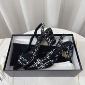 CHANEL 26S HIGH-HEEL SLINGBACKS 65 MM IN BLACK MIX WHITE TWEED