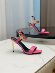 BALMAIN 25S HIGH HEELS WITH B METAL DETAIL 95MM IN PINK CALFSKIN