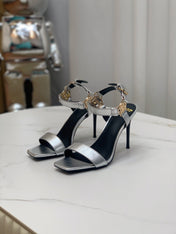 BALMAIN 25S HIGH HEELS WITH B METAL DETAIL 95MM IN SILVER CALFSKIN