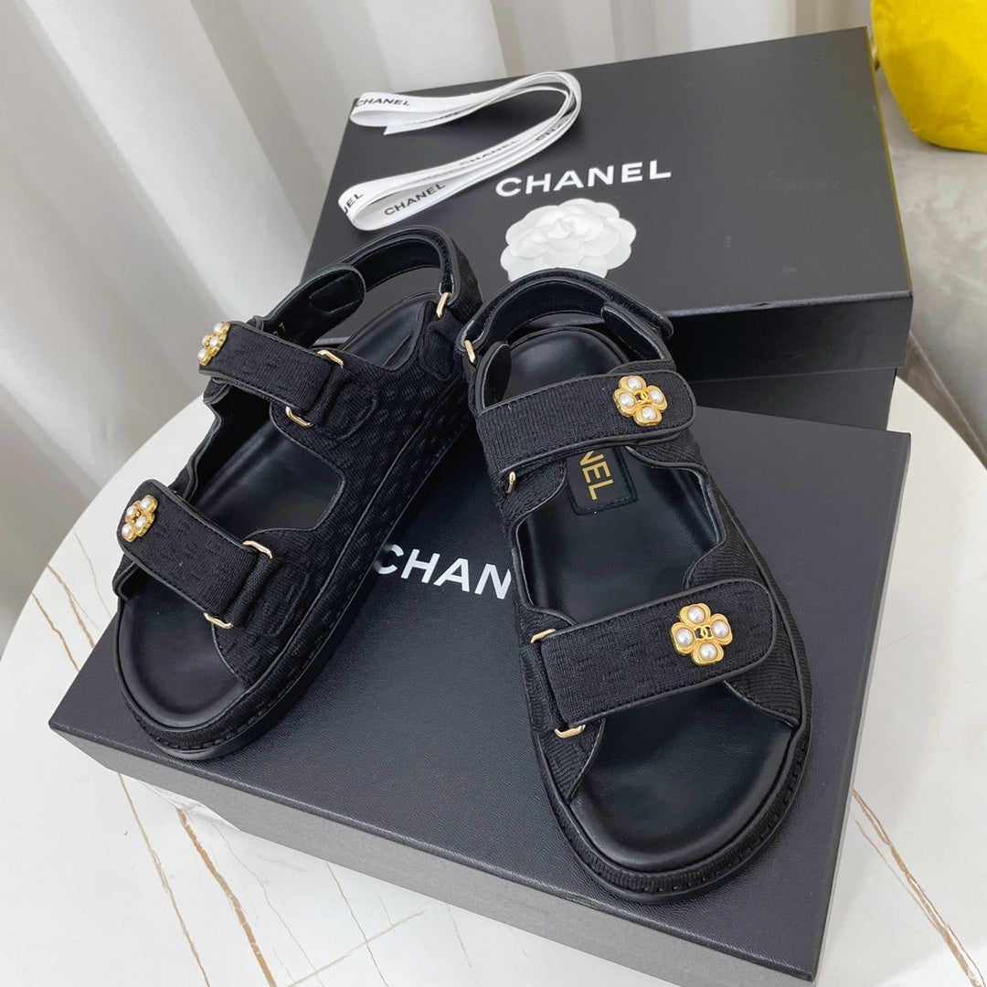 CHANEL 26S SANDALS IN BLACK TEXTURED FABRIC