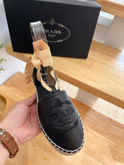 PRADA 26S LACE UP ESPADRILLE FLATS IN BLACK CALFSKIN
