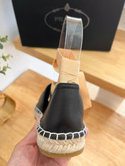 PRADA 26S LACE UP ESPADRILLE FLATS IN BLACK CALFSKIN