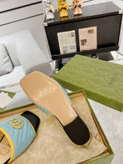 GG EXCLUSIVE SLIDE SANDAL SKY AND BLACK CALFSKIN