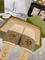 GG EXCLUSIVE SLIDE SANDAL IVORY AND BROWN FABRIC