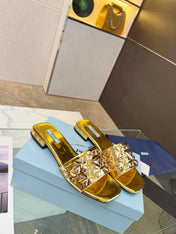 PRA EMBROIDERED SLIDES FLAT METALLIC GOLD CALFSKIN