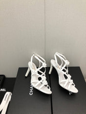 FLORAL HIGH HEEL SANDAL IN WHITE LAMBSKIN