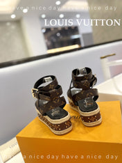 LV 26S STUDDED WEDGE SANDALS 70 MM IN DARK BROWN COATED CANVAS