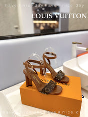 LV 26S HIGH HEEL SANDALS 80 MM IN BROWN MONOGRAM CANVAS WITH STUDS