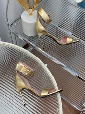 BALMAIN 25S B STRAP HIGH HEEL SANDALS 95MM IN GOLD CALFSKIN