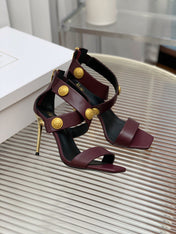 BALMAIN 25S CROSSOVER STRAP HIGH HEELS 95MM IN ROSEWOOD CALFSKIN