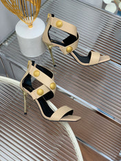 BALMAIN 25S CROSSOVER STRAP HIGH HEELS 95MM IN LIGHT BROWN CALFSKIN