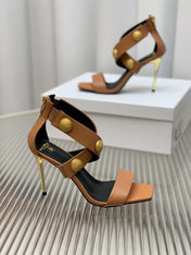 BALMAIN 25S CROSSOVER STRAP HIGH HEELS 95MM IN BROWN CALFSKIN
