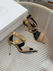 BALMAIN 25S CROSSOVER STRAP HIGH HEELS 95MM IN LIGHT BROWN SUEDE