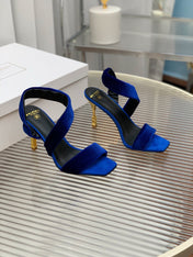 BALMAIN 25S MONETA HEELED SANDALS 95MM IN DARK BLUE VELVET